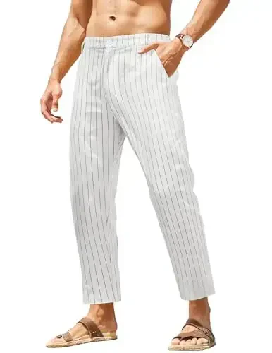 COOFANDY Men's Cotton Linen Pants Elastic Waist Lightweight Casual Pants Relaxed Fit Yoga Beach Pants with Pockets 