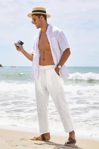 COOFANDY Men's Cotton Linen Pants Elastic Waist Lightweight Casual Pants Relaxed Fit Yoga Beach Pants with Pockets - 3