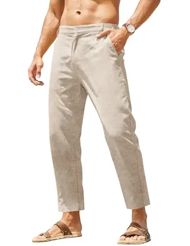 COOFANDY Men's Cotton Linen Pants Elastic Waist Lightweight Casual Pants Relaxed Fit Yoga Beach Pants with Pockets 