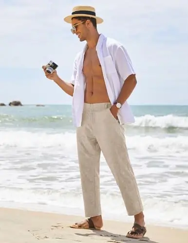 COOFANDY Men's Cotton Linen Pants Elastic Waist Lightweight Casual Pants Relaxed Fit Yoga Beach Pants with Pockets - 2
