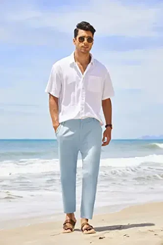 COOFANDY Men's Cotton Linen Pants Elastic Waist Lightweight Casual Pants Relaxed Fit Yoga Beach Pants with Pockets - 2