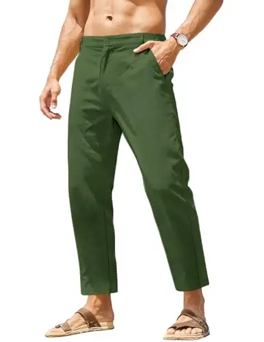 COOFANDY Men's Cotton Linen Pants Elastic Waist Lightweight Casual Pants Relaxed Fit Yoga Beach Pants with Pockets 