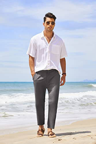COOFANDY Men's Cotton Linen Pants Elastic Waist Lightweight Casual Pants Relaxed Fit Yoga Beach Pants with Pockets - 2
