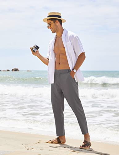 COOFANDY Men's Cotton Linen Pants Elastic Waist Lightweight Casual Pants Relaxed Fit Yoga Beach Pants with Pockets - 3