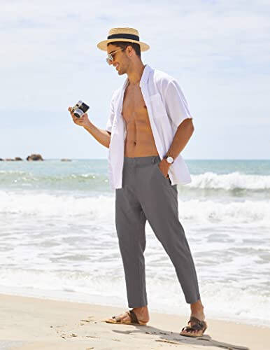 COOFANDY Men's Cotton Linen Pants Elastic Waist Lightweight Casual Pants Relaxed Fit Yoga Beach Pants with Pockets - 3