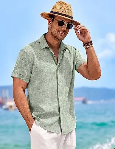 COOFANDY Men's Linen Shirts Short Sleeve Casual Shirts Button Down Shirt for Men Beach Summer Wedding Shirt - 3
