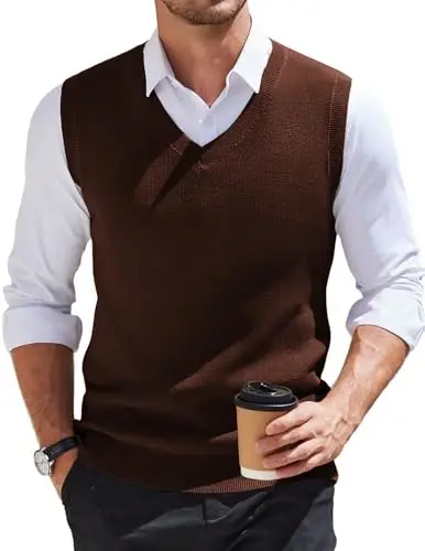 COOFANDY Erkek Süveter V Yaka Kolsuz Kazak Slim Fit Günlük Örgü Süveter - 1