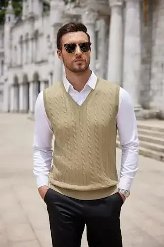 COOFANDY Men's Sweater Vest V Neck Slim Fit Cable Knitted Sleeveless Pullover Sweater - 6