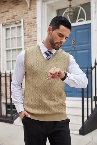 COOFANDY Men's Sweater Vest V Neck Slim Fit Cable Knitted Sleeveless Pullover Sweater - 3