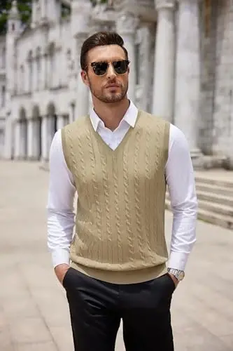 COOFANDY Men's Sweater Vest V Neck Slim Fit Cable Knitted Sleeveless Pullover Sweater - 6