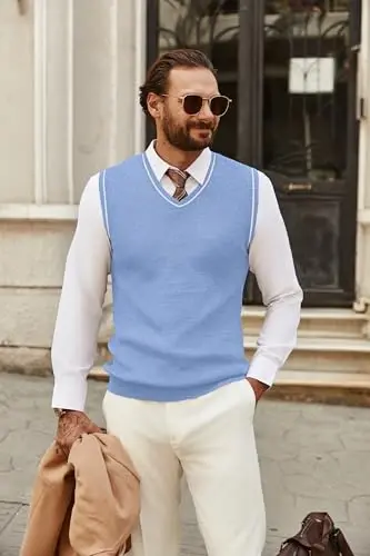 COOFANDY Men's Sweater Vest V Neck Sleeveless Sweater Slim Fit Casual Knitted Pullover Sweater - 6