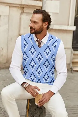 COOFANDY Men's Sweater Vest V Neck Sleeveless Sweater Slim Fit Casual Knitted Pullover Sweater - 3