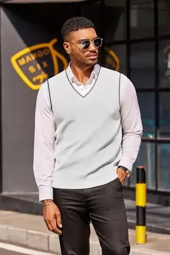 COOFANDY Erkek Süveter Yelek V Yaka Kolsuz Süveter Slim Fit Günlük Örme Kazak 