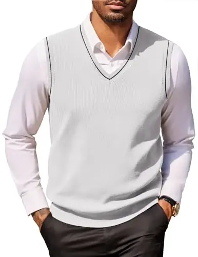 COOFANDY Erkek Süveter Yelek V Yaka Kolsuz Süveter Slim Fit Günlük Örme Kazak - 4