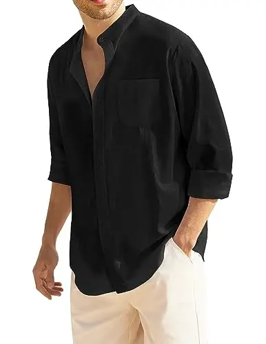 COOFANDY Men's Long Sleeve Cotton Linen Shirt Beach Button Down Shirts Casual Button Up Shirt Summer Yoga Tops with Pocket - 2