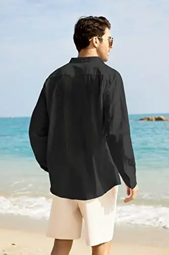 COOFANDY Men's Long Sleeve Cotton Linen Shirt Beach Button Down Shirts Casual Button Up Shirt Summer Yoga Tops with Pocket - 3