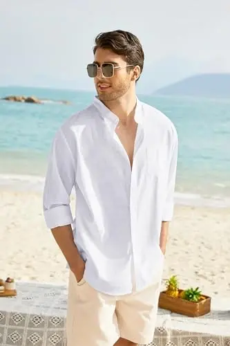 COOFANDY Men's Long Sleeve Cotton Linen Shirt Beach Button Down Shirts Casual Button Up Shirt Summer Yoga Tops with Pocket - 3