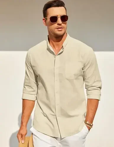COOFANDY Men's Long Sleeve Cotton Linen Shirt Beach Button Down Shirts Casual Button Up Shirt Summer Yoga Tops with Pocket - 2