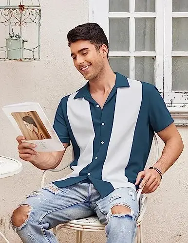 COOFANDY Men's Vintage Bowling Shirt Short Sleeve Button Down Summer Cuba Beach Shirts - 2
