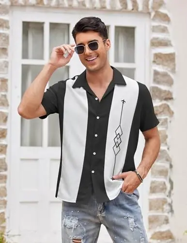 COOFANDY Men's Vintage Bowling Shirt Short Sleeve Button Down Summer Cuba Beach Shirts - 2