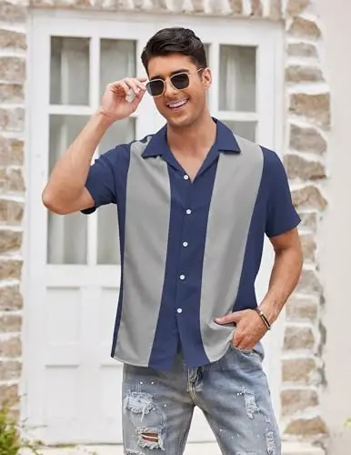 COOFANDY Men's Vintage Bowling Shirt Short Sleeve Button Down Summer Cuba Beach Shirts - 2