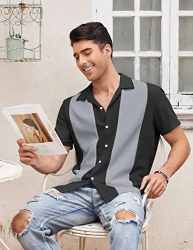 COOFANDY Men's Vintage Bowling Shirt Short Sleeve Button Down Summer Cuba Beach Shirts - 2