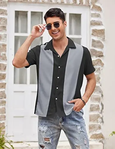 COOFANDY Men's Vintage Bowling Shirt Short Sleeve Button Down Summer Cuba Beach Shirts - 3