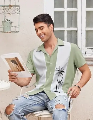 COOFANDY Men's Vintage Bowling Shirt Short Sleeve Button Down Summer Cuba Beach Shirts - 3