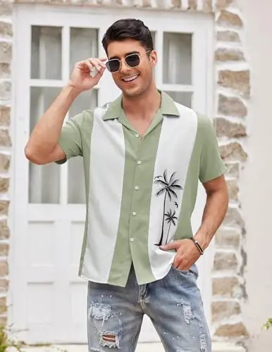 COOFANDY Men's Vintage Bowling Shirt Short Sleeve Button Down Summer Cuba Beach Shirts - 2