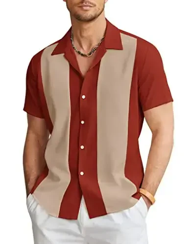 COOFANDY Men's Vintage Bowling Shirt Short Sleeve Button Down Summer Cuba Beach Shirts 