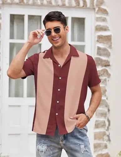 COOFANDY Men's Vintage Bowling Shirt Short Sleeve Button Down Summer Cuba Beach Shirts - 2