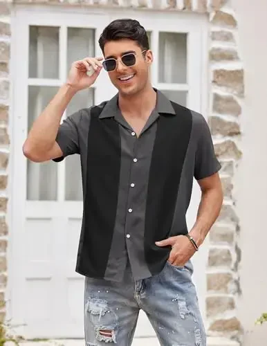 COOFANDY Men's Vintage Bowling Shirt Short Sleeve Button Down Summer Cuba Beach Shirts - 2