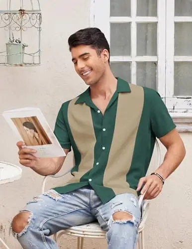 COOFANDY Men's Vintage Bowling Shirt Short Sleeve Button Down Summer Cuba Beach Shirts - 3