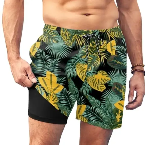 COOFANDY Men Swim Trunk with Compression Liner 2 in 1 Swimwear Bathing Suit Quick Dry Board Short - 1