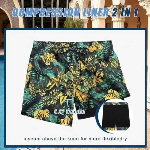COOFANDY Men Swim Trunk with Compression Liner 2 in 1 Swimwear Bathing Suit Quick Dry Board Short - 3