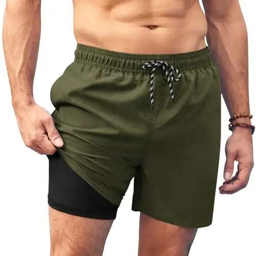 COOFANDY Men Swim Trunk with Compression Liner 2 in 1 Swimwear Bathing Suit Quick Dry Board Short - 1