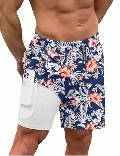 COOFANDY Men Swim Trunk with Compression Liner 2 in 1 Swimwear Bathing Suit Quick Dry Board Short 