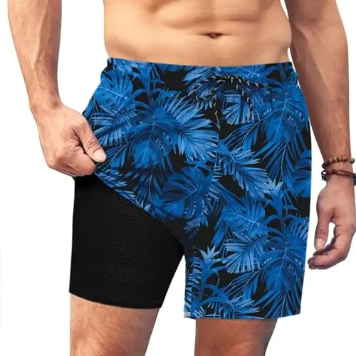 COOFANDY Men Swim Trunk with Compression Liner 2 in 1 Swimwear Bathing Suit Quick Dry Board Short 