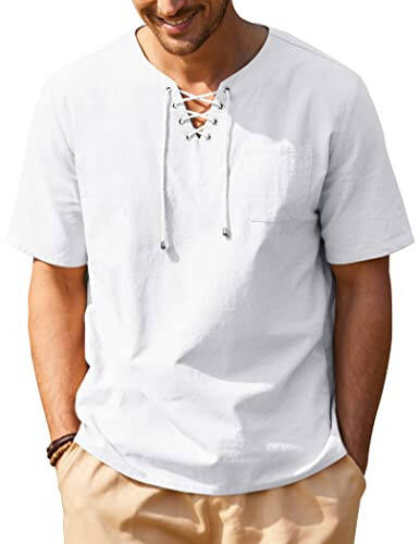 COOFANDY Men Casual Cotton Linen T Shirt Short Sleeve Beach Lace Up Hippie Shirt Yoga Renaissance Tunic - 1