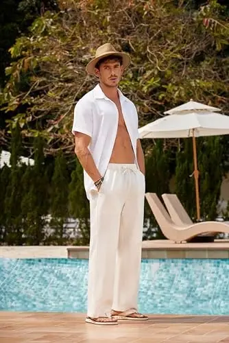 COOFANDY Men Linen Pants Casual Elastic Waist Drawstring Pants Summer Beach | Lightweight Breathable, Cotton Linen Trousers, Loose Fit with Pockets, Wide Leg, Vacation Yoga Lounge Wedding Dress - 3
