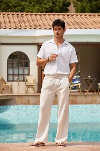 COOFANDY Men Linen Pants Casual Elastic Waist Drawstring Pants Summer Beach | Lightweight Breathable, Cotton Linen Trousers, Loose Fit with Pockets, Wide Leg, Vacation Yoga Lounge Wedding Dress - 4