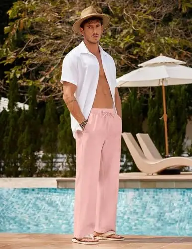 COOFANDY Men Linen Pants Casual Elastic Waist Drawstring Pants Summer Beach | Lightweight Breathable, Cotton Linen Trousers, Loose Fit with Pockets, Wide Leg, Vacation Yoga Lounge Wedding Dress - 1