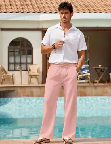 COOFANDY Men Linen Pants Casual Elastic Waist Drawstring Pants Summer Beach | Lightweight Breathable, Cotton Linen Trousers, Loose Fit with Pockets, Wide Leg, Vacation Yoga Lounge Wedding Dress - COOFANDY (1)