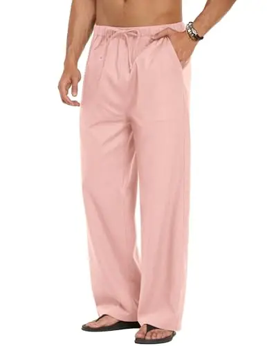 COOFANDY Men Linen Pants Casual Elastic Waist Drawstring Pants Summer Beach | Lightweight Breathable, Cotton Linen Trousers, Loose Fit with Pockets, Wide Leg, Vacation Yoga Lounge Wedding Dress - 3