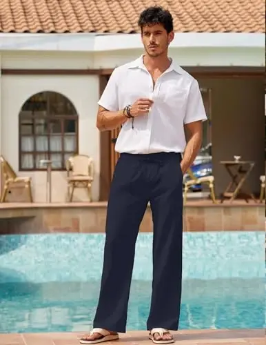COOFANDY Men Linen Pants Casual Elastic Waist Drawstring Pants Summer Beach | Lightweight Breathable, Cotton Linen Trousers, Loose Fit with Pockets, Wide Leg, Vacation Yoga Lounge Wedding Dress - 1
