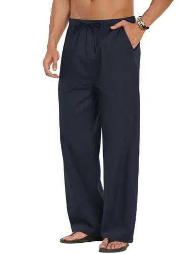 COOFANDY Men Linen Pants Casual Elastic Waist Drawstring Pants Summer Beach | Lightweight Breathable, Cotton Linen Trousers, Loose Fit with Pockets, Wide Leg, Vacation Yoga Lounge Wedding Dress - COOFANDY (1)