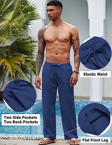COOFANDY Men Linen Pants Casual Elastic Waist Drawstring Pants Summer Beach | Lightweight Breathable, Cotton Linen Trousers, Loose Fit with Pockets, Wide Leg, Vacation Yoga Lounge Wedding Dress - 1