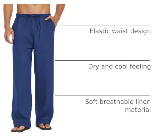 COOFANDY Men Linen Pants Casual Elastic Waist Drawstring Pants Summer Beach | Lightweight Breathable, Cotton Linen Trousers, Loose Fit with Pockets, Wide Leg, Vacation Yoga Lounge Wedding Dress - 2