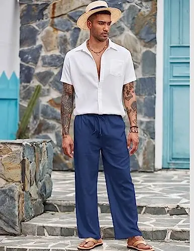 COOFANDY Men Linen Pants Casual Elastic Waist Drawstring Pants Summer Beach | Lightweight Breathable, Cotton Linen Trousers, Loose Fit with Pockets, Wide Leg, Vacation Yoga Lounge Wedding Dress - 3
