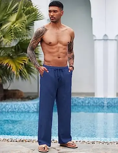 COOFANDY Men Linen Pants Casual Elastic Waist Drawstring Pants Summer Beach | Lightweight Breathable, Cotton Linen Trousers, Loose Fit with Pockets, Wide Leg, Vacation Yoga Lounge Wedding Dress - 4